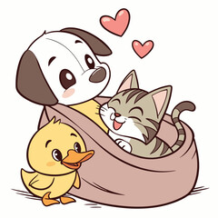 Vector art of a charming cartoon illustration featuring a cute puppy, a playful kitten, and a cheerful duckling nestled together in a cozy bag, all radiating love with heart symbols above them