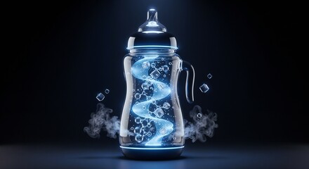 Futuristic baby bottle with glowing DNA helix and molecular symbols inside, advanced infant feeding technology concept
