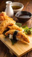 Crispy sushi pieces on wooden platter