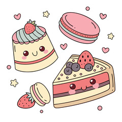 Vector art of charming cartoon desserts a delightful assortment of kawaiistyle cakes and macarons, adorned with strawberries and blueberries, ideal for adding a playful touch to your designs