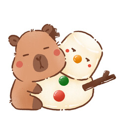 Cute capybara hugging snowman, showcasing warm and joyful holiday spirit. Perfect for festive themes and winter celebrations