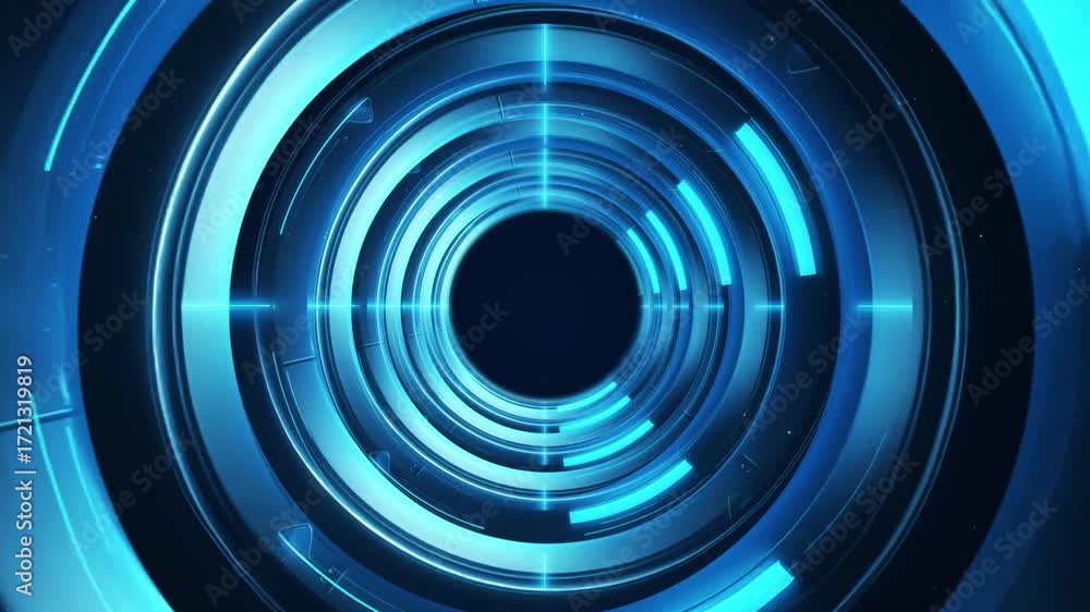 Wall mural futuristic technological blue digital tunnel with circular patterns