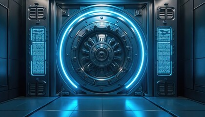 Futuristic vault door with glowing blue lights. Heavy metal design features advanced technology, security systems. Sleek, modern architecture with illuminated digital displays, complex locking
