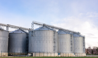 Plant for processing and silos for drying cleaning and storage of agricultural products, flour, cereals and grain. Silver tanks close-up. Silos in a barley field. Storage of the crop