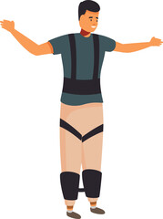 Young man wearing a futuristic exoskeleton balancing with open arms, enjoying the experience of enhanced mobility