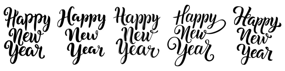 Happy New Year lettering, elegant calligraphy, festive typography design, black ink on white background, vector illustration, decorative script font, minimal style, holiday greeting card template, mod