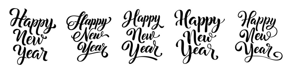 Happy New Year lettering, elegant calligraphy, festive typography design, black ink on white background, vector illustration, decorative script font, minimal style, holiday greeting card template, mod