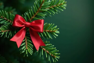 Fototapeta premium lush green pine branch adorned with vibrant red bow, xmas, winter, christmas elements