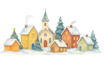 Fototapeta premium Winter village watercolor scene with snowy houses, church, christmas tree, and cozy holiday atmosphere