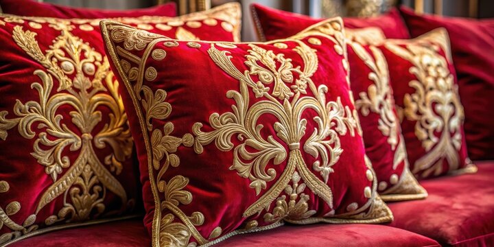 Red velvet fabric draped elegantly around a pair of luxurious decorative pillows with intricate gold embroidery