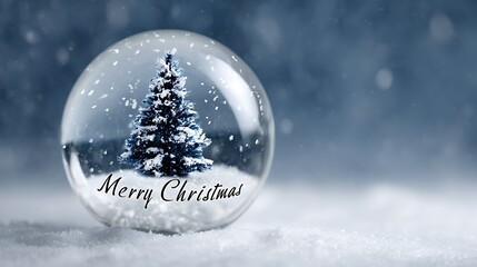 Transparent glass Christmas ball with fir tree, empty space, Merry christmas text