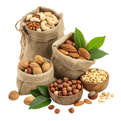 Assortment of nuts in burlap bags and bowls isolated on transparent background