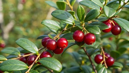 Obraz premium Fresh ripe cranberries growing on the branch of a cranberry tree, surrounded by broad green leaves, captured in natural daylight, symbolizing organic farming and nature’s bounty