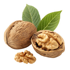 Whole and cracked walnuts with green leaves isolated on transparent background
