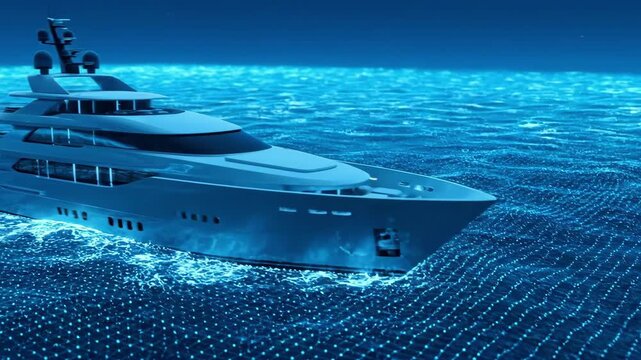 Luxury Yacht Navigates Through Digital Ocean Waves.