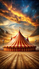 Vibrant red and gold striped canvas of a circus tent stretched above a stage with a dramatic stage background