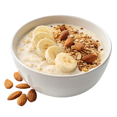 Bowl of oatmeal with banana slices and granola isolated on transparent background
