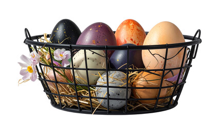 Colorful Easter eggs in a black basket isolated on white background.