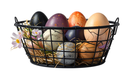 Colorful Easter eggs in a black basket isolated on white background.