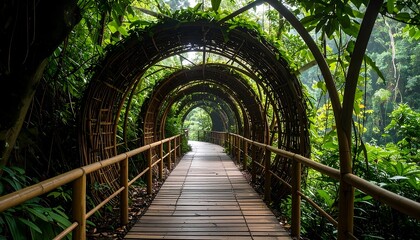 Obraz premium Walking on Wooden Path Through Green Forest Tunnel