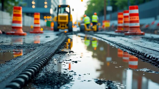 Road Construction Workers Repairing City Street with Machinery and Safety Cones