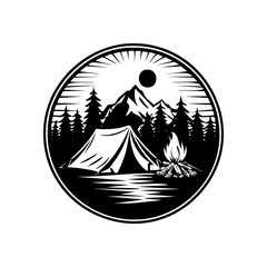 Camping tent in mountain landscape with campfire and forest