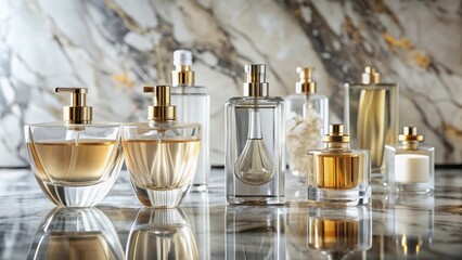 Elegant perfume bottles arranged on a luxurious marble countertop