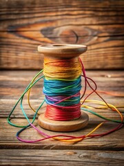 Vibrant colored threads tangled on a wooden spool