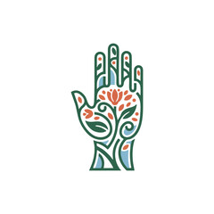 Obraz premium Minimalist vector fertile hand illustration with natural green tone organic plant seed sprout soil growth agriculture farming environment ecology vitality life energy design for wellness therapy