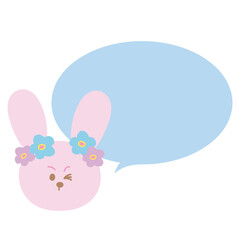 Cute illustration of pastel bunny name tag for decoration, happy easter, text bubble, chat, dialogue, label, sticker, animal, pet shop, vet, adopt animal, rabbit cartoon, patch, brooch, foster home
