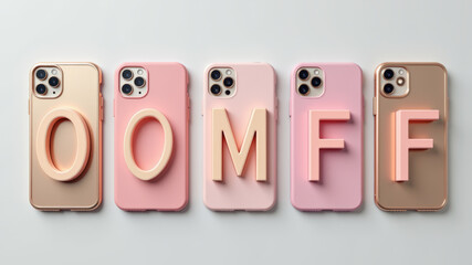 Three iphones with pastel cases spelling trendy internet slang using camera layout