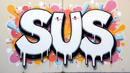 Bold bubble letters with colorful background spelling slang word sus