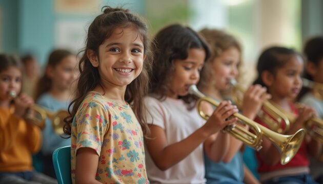 Young students practice musical instruments in band class. Children learn, play brass instruments like trumpets, guitars, fiddles, read sheet music. Focus on education, creativity, teamwork in school. - Powered by Adobe