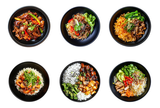 Aerial view of asian food isolated.