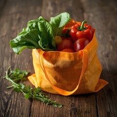 A vibrant reusable shopping bag filled with an assortment of fresh vegetables including crisp lettuce, vibrant bell peppers, and plump tomatoes, sits on a rustic wooden table