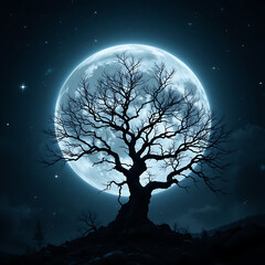 Silhouette of a leafless tree against the big full moon.