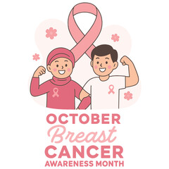 A supportive scene for Breast Cancer Awareness Month with a strong man and a hopeful woman wearing pink ribbons. vector illustration