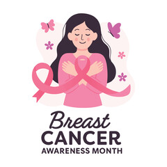 A gentle illustration of a woman embracing a large pink ribbon for Breast Cancer Awareness Month, surrounded by butterflies. vector illustration