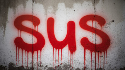 Dripping red spray paint spelling sus on white wall in bold simple graffiti