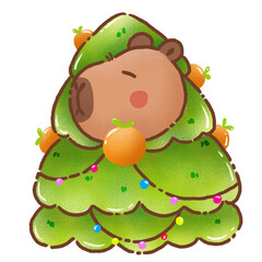 Cute capybara dressed as Christmas tree, adorned with ornaments and oranges, radiating festive cheer and warmth