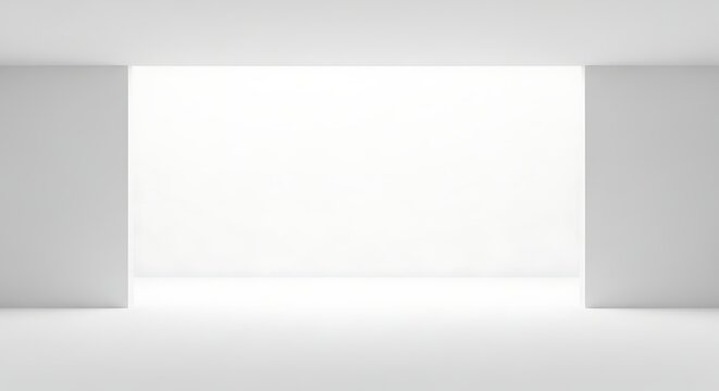 An abstract architectural interior with bright white walls and an opening leading to a luminous space, suggesting openness and modern design