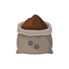 A sack filled with brown coffee grounds and two coffee beans