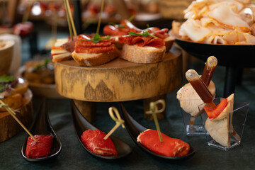 Catering buffet with canape with meat and vegetables on a wooden board. selective focus