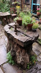 A rustic wooden water fountain, carved from a tree trunk, sits amidst a charming, flower-filled garden courtyard.
