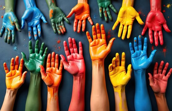 Diverse hands in vibrant paint colors reach upwards, unity, support for World Humanitarian Day. Multiple arms, painted red, blue, green, yellow, orange, show solidarity, collective action. Symbolic