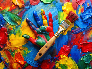 Fototapeta premium Childs hand covered in colorful paint with a paintbrush on a vibrant and playful painted background