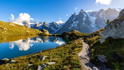 Alpine lake reflecting mountains