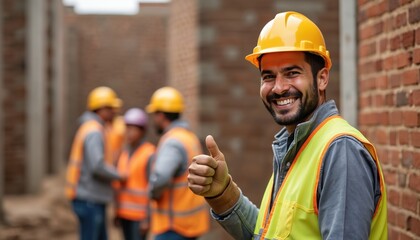 Happy Brazilian construction worker gives thumbs up on site. Other workers build brick walls in background. Teamwork, progress, industry themes are prominent. Focus on worker safety, job occupation.