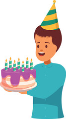 Happy boy holding a birthday cake with lighted candles, wearing a festive party hat, celebrating a special occasion