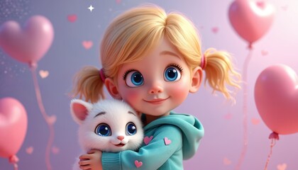Cute cartoon girl hugs white kitten. Hearts, balloons, tender colors create romantic atmosphere. Happy child holds fluffy pet with big eyes. Illustration for kids, Valentine Day, love, friendship.